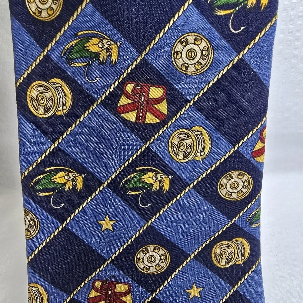 Tommy Hilfiger Fishing Themed Tie Blue Gold And Red Imported Silk Mens